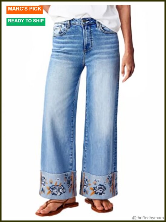 Denim - Embroidered Straight Leg Cuffed Stretch Denim Jeans